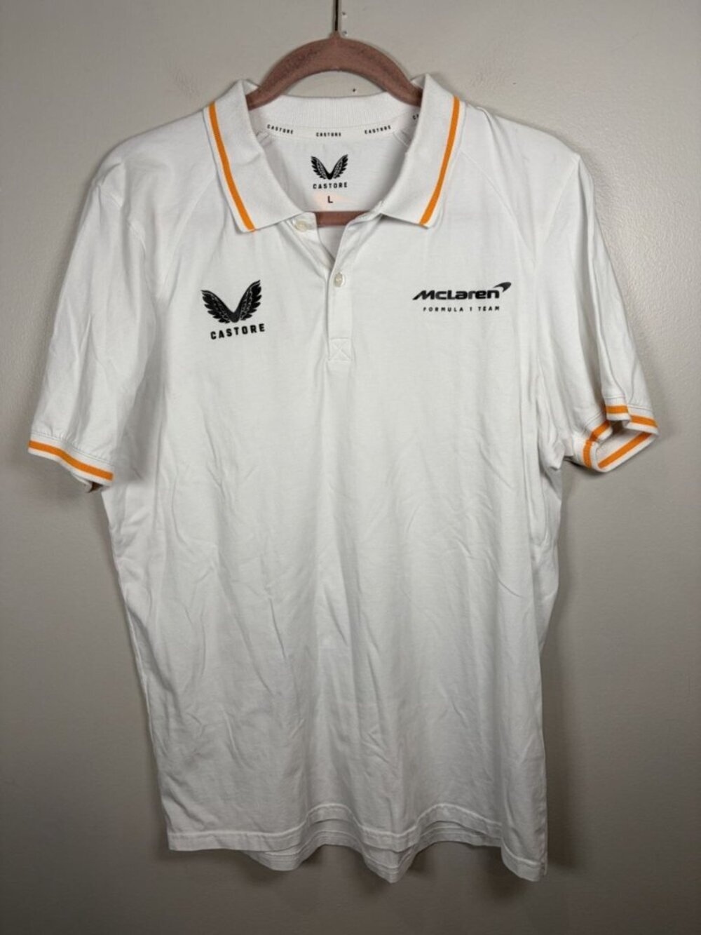 McLaren Team Polo Shirt Size Large White F1 Racing Castore Cotton Sponsor Logos